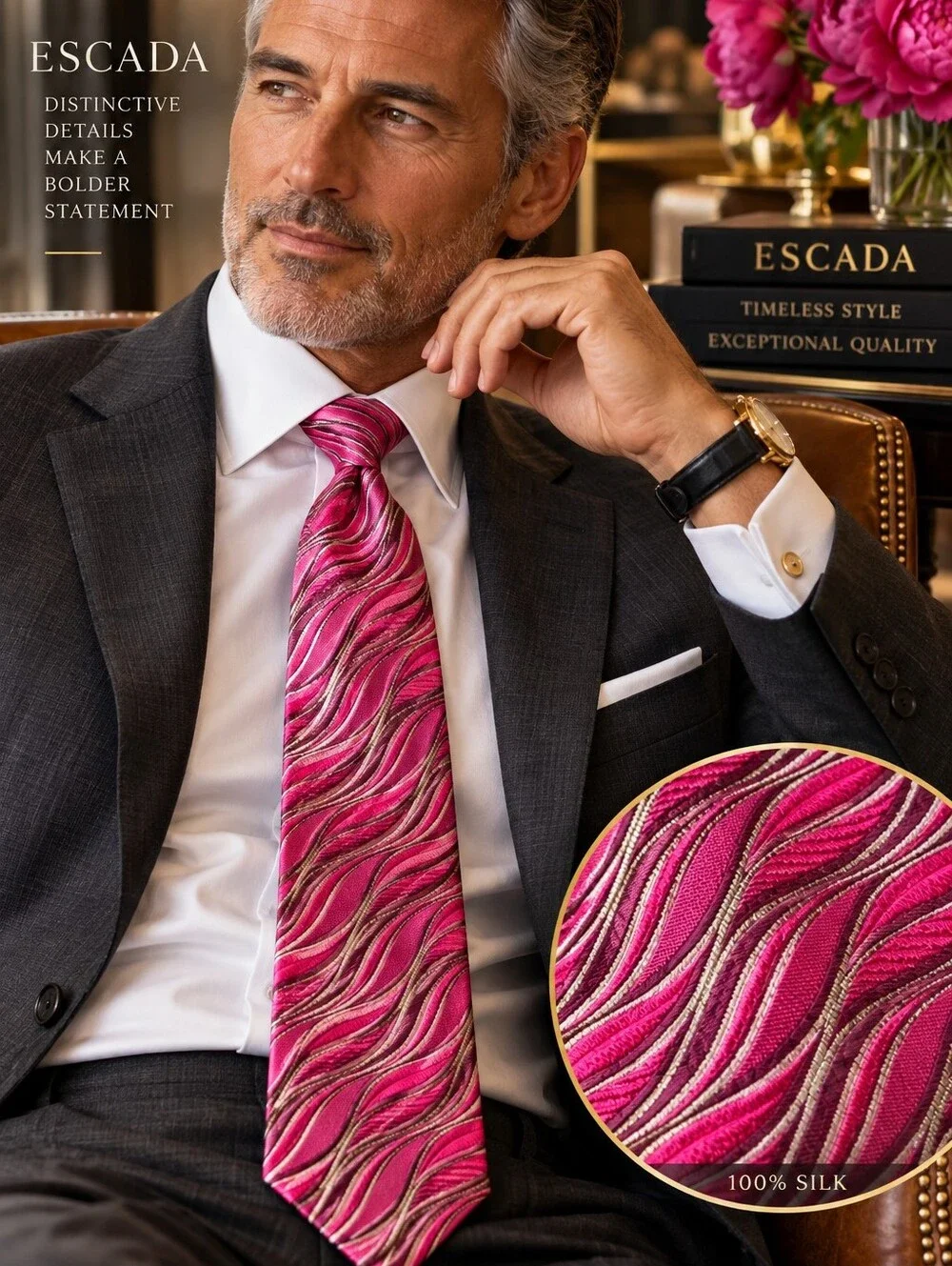 Escada 100% silk tie pink/platinum(muted gold)